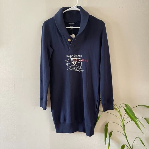 Ralph Lauren Girls Fleece Dress 16 XL Navy Blue Shawl Collar Long Sleeve Casual - Picture 1 of 12